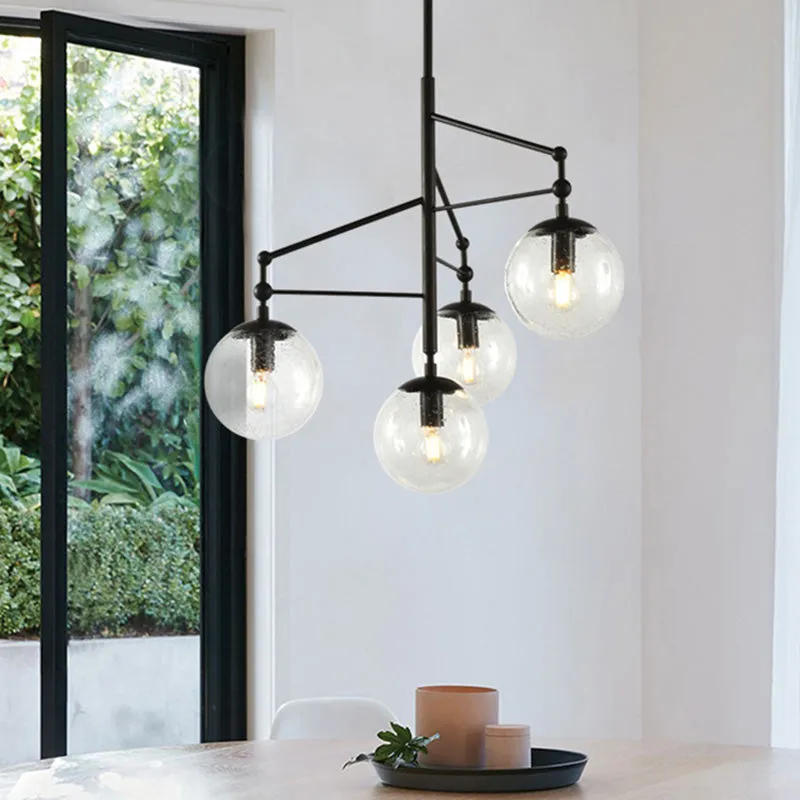 Contemporary Globe Clear Frosted Glass Chandelier - 4 Lights - Black Hanging Light Fixture