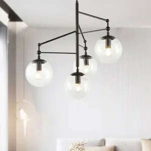 Contemporary Globe Clear Frosted Glass Chandelier - 4 Lights - Black Hanging Light Fixture