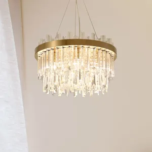 Contemporary Gold Cylinder Chandelier - 6 Bulbs - Faceted Crystal - Hanging Ceiling Light