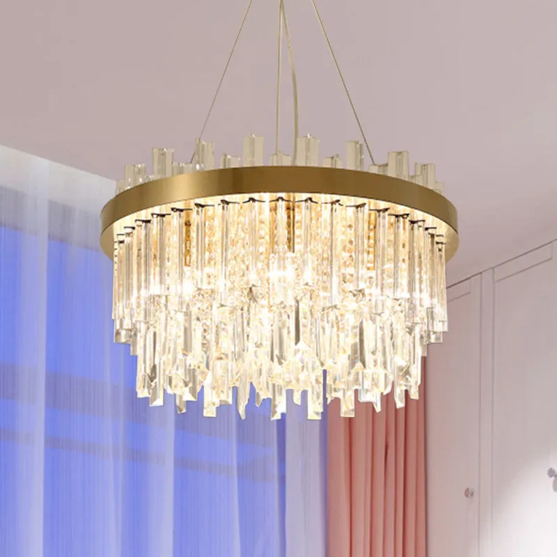 Contemporary Gold Cylinder Chandelier - 6 Bulbs - Faceted Crystal - Hanging Ceiling Light