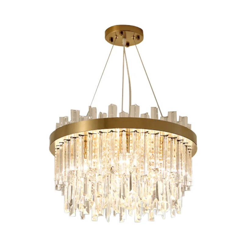Contemporary Gold Cylinder Chandelier - 6 Bulbs - Faceted Crystal - Hanging Ceiling Light