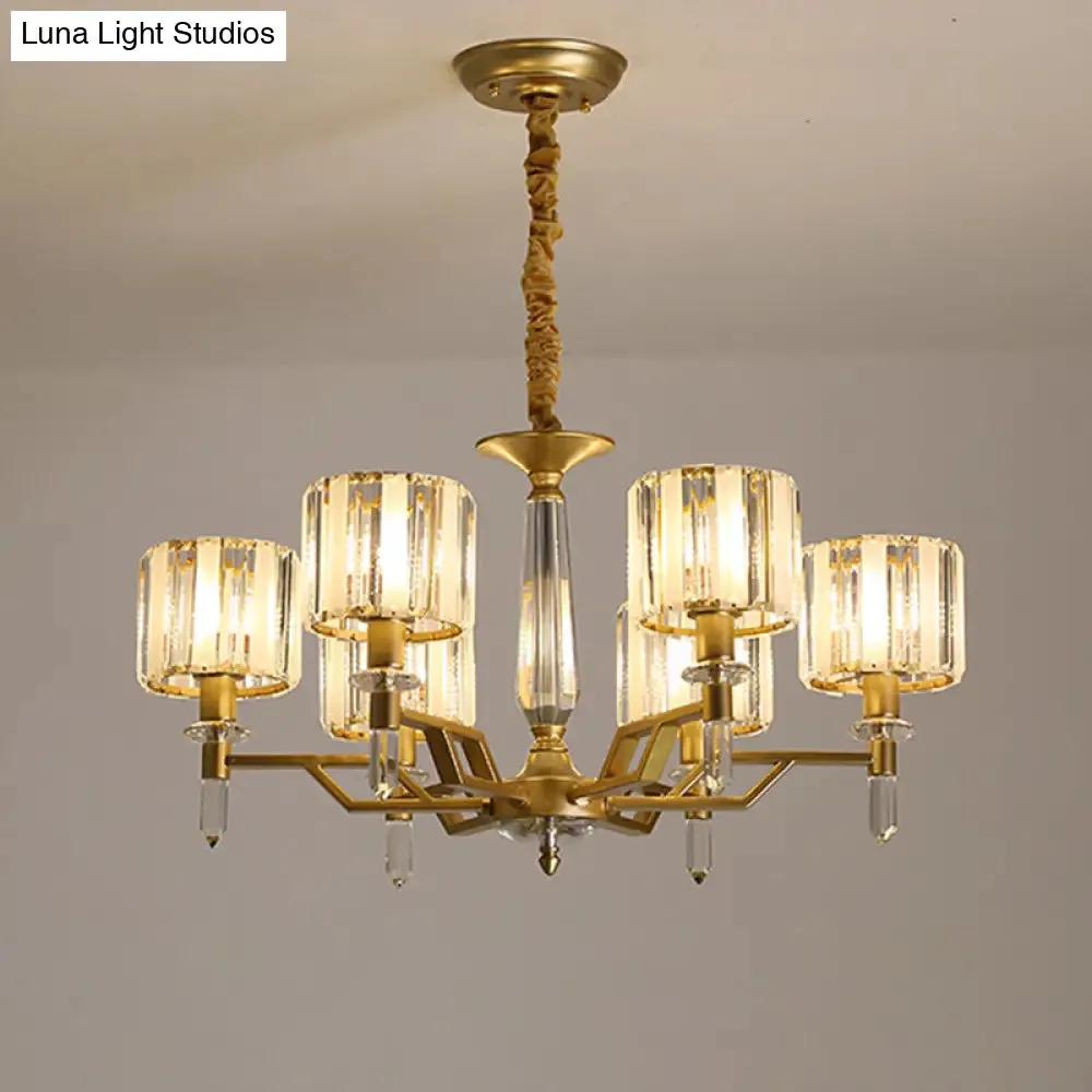 Contemporary Gold Hanging Light Chandelier - Crooked Arm with 6/8 Bulbs, Clear Crystal Shade