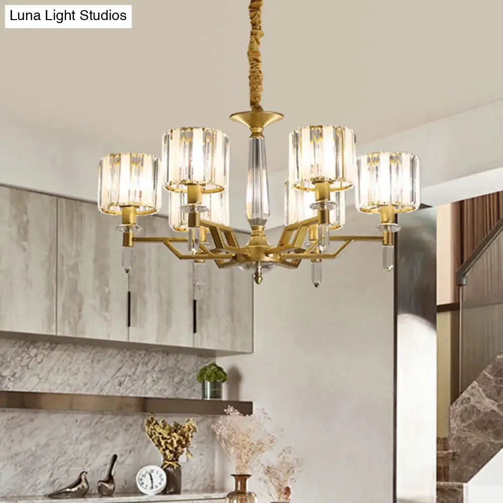 Contemporary Gold Hanging Light Chandelier - Crooked Arm with 6/8 Bulbs, Clear Crystal Shade
