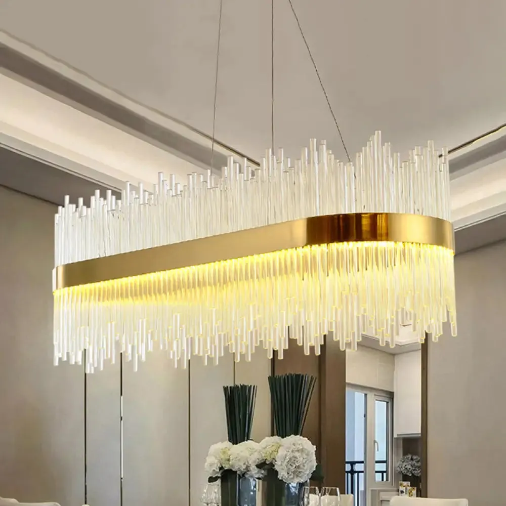 Crystal Gold Linear LED Chandelier - Contemporary Pendant Light for Dining Room (31.5"/39" Long)