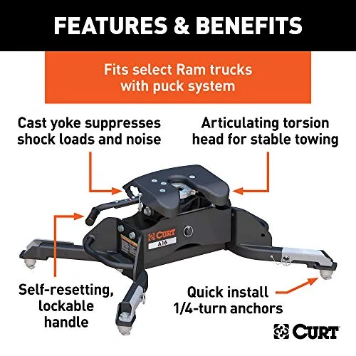 CURT 16043 A16 5th Wheel Hitch, 16,000 lbs, Select Ram 2500, 3500, 8-Foot Bed Puck System