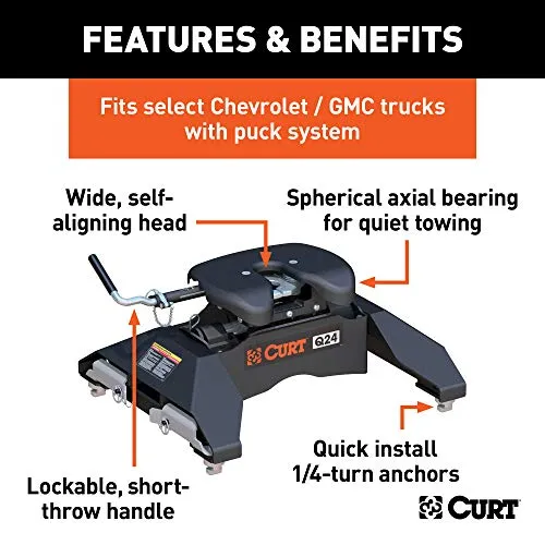 CURT 16067 Q24 5th Wheel Hitch, 24,000 lbs, Select Chevrolet Silverado, GMC Sierra 2500, 3500 HD, 8-Foot Bed Puck System, Black
