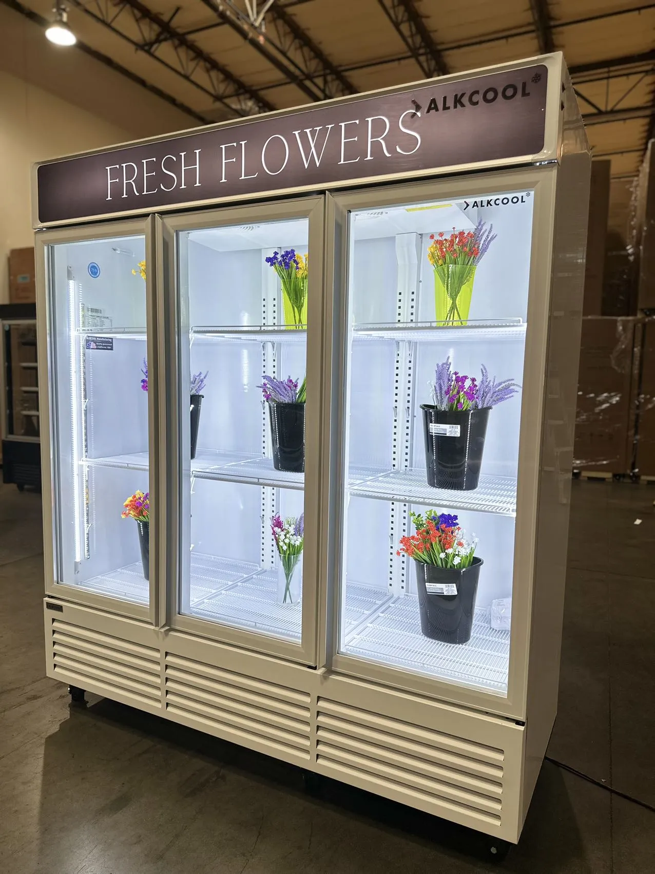 Customized Flower Display Three Glass Door Refrigerator Width 72''