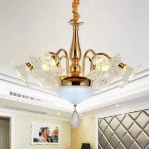 Gold 7/10 Bulbs Ceiling Light - Modern Clear Crystal Floral Shade Chandelier