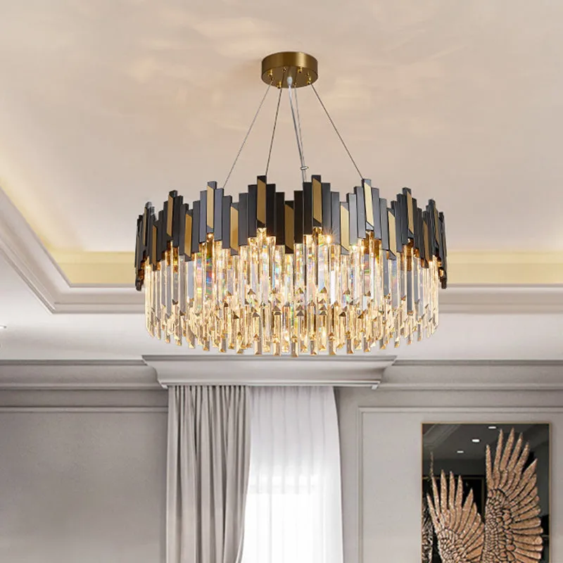 Gold-Black Crystal Chandelier Pendant Light for Simple Living Room Elegance