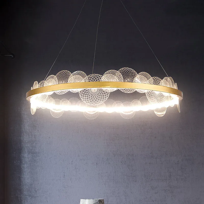Gold Finish LED Ceiling Light with Textured Acrylic Shade - Modern Hoop Chandelier Pendant Lamp (White/Warm Light)