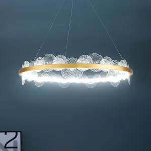 Gold Finish LED Ceiling Light with Textured Acrylic Shade - Modern Hoop Chandelier Pendant Lamp (White/Warm Light)