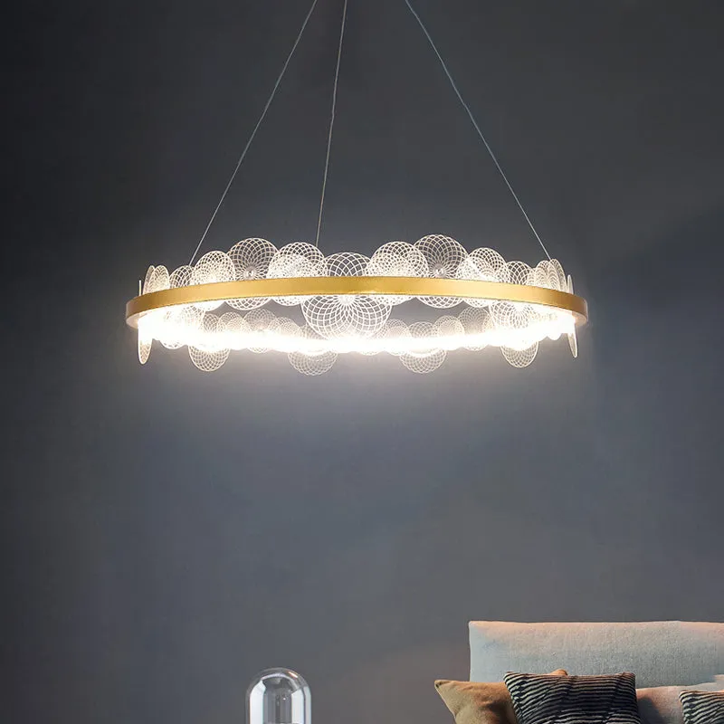 Gold Finish LED Ceiling Light with Textured Acrylic Shade - Modern Hoop Chandelier Pendant Lamp (White/Warm Light)
