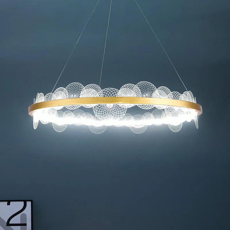 Gold Finish LED Ceiling Light with Textured Acrylic Shade - Modern Hoop Chandelier Pendant Lamp (White/Warm Light)