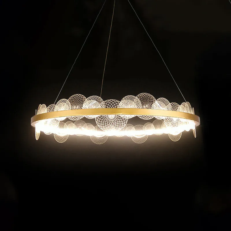 Gold Finish LED Ceiling Light with Textured Acrylic Shade - Modern Hoop Chandelier Pendant Lamp (White/Warm Light)