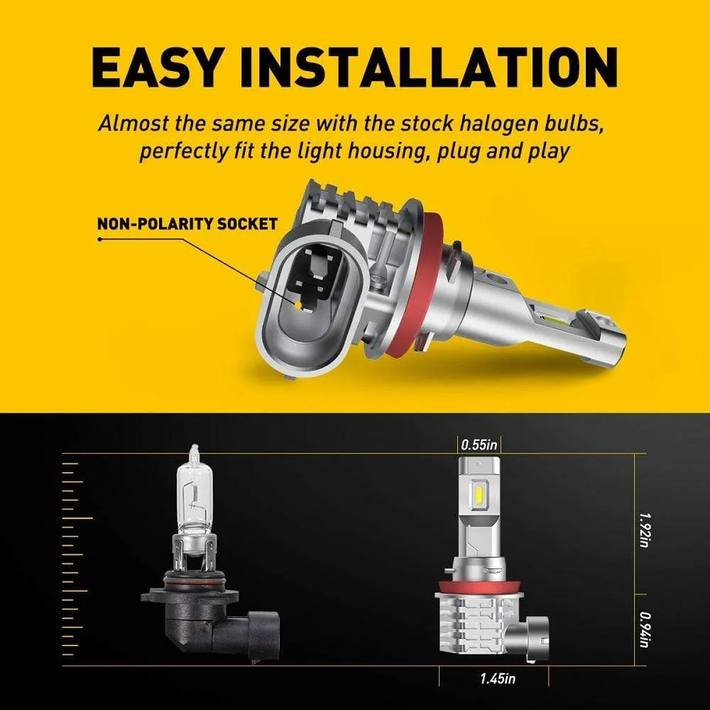 H11 H8 H9 H16 LED Fog Light Bulb Fanless, 6000LM Per Set, 6500K Cool White, CSP LED Chips
