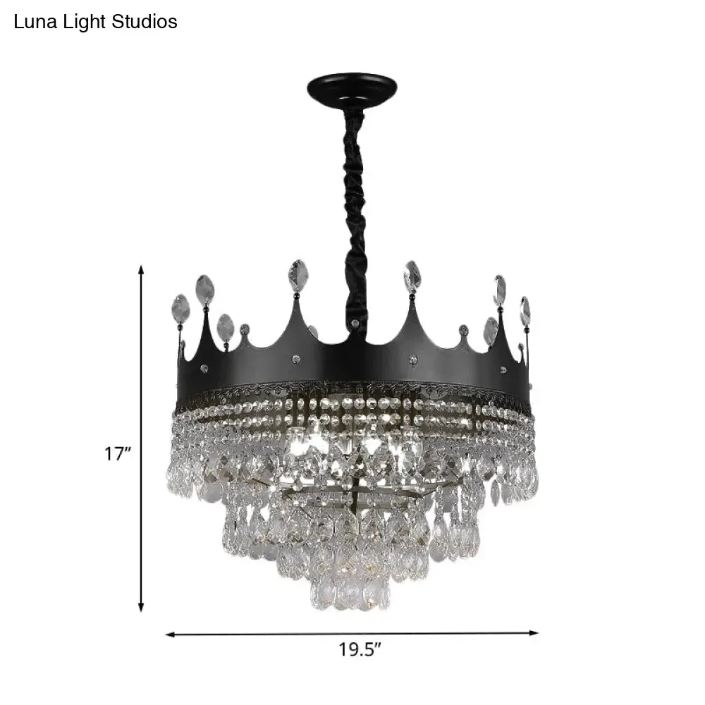 Kids' Black Metal Crown Chandelier Lighting with Crystal Drop Decor - 4/5/6 Lights, Ideal for Dining Table