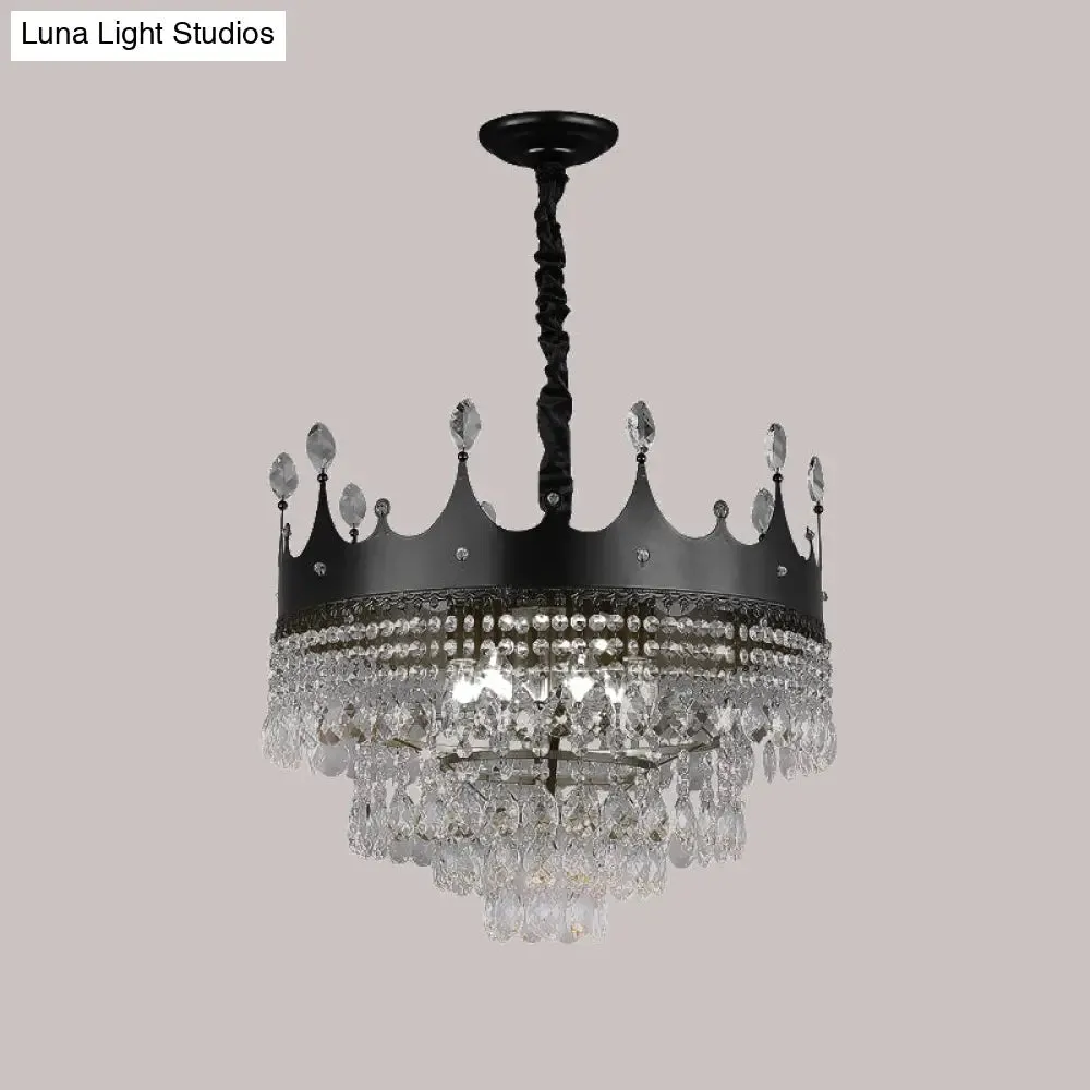 Kids' Black Metal Crown Chandelier Lighting with Crystal Drop Decor - 4/5/6 Lights, Ideal for Dining Table