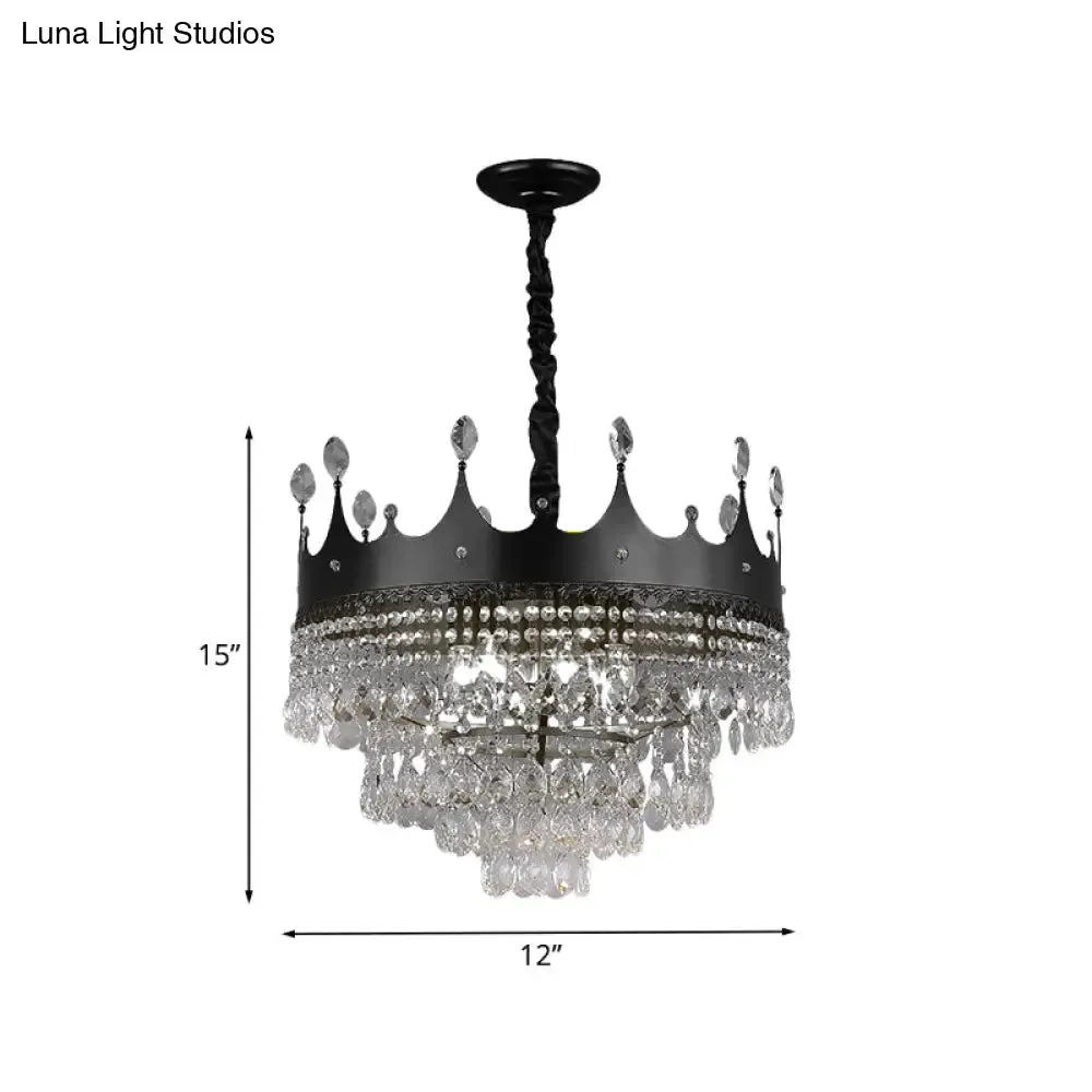 Kids' Black Metal Crown Chandelier Lighting with Crystal Drop Decor - 4/5/6 Lights, Ideal for Dining Table