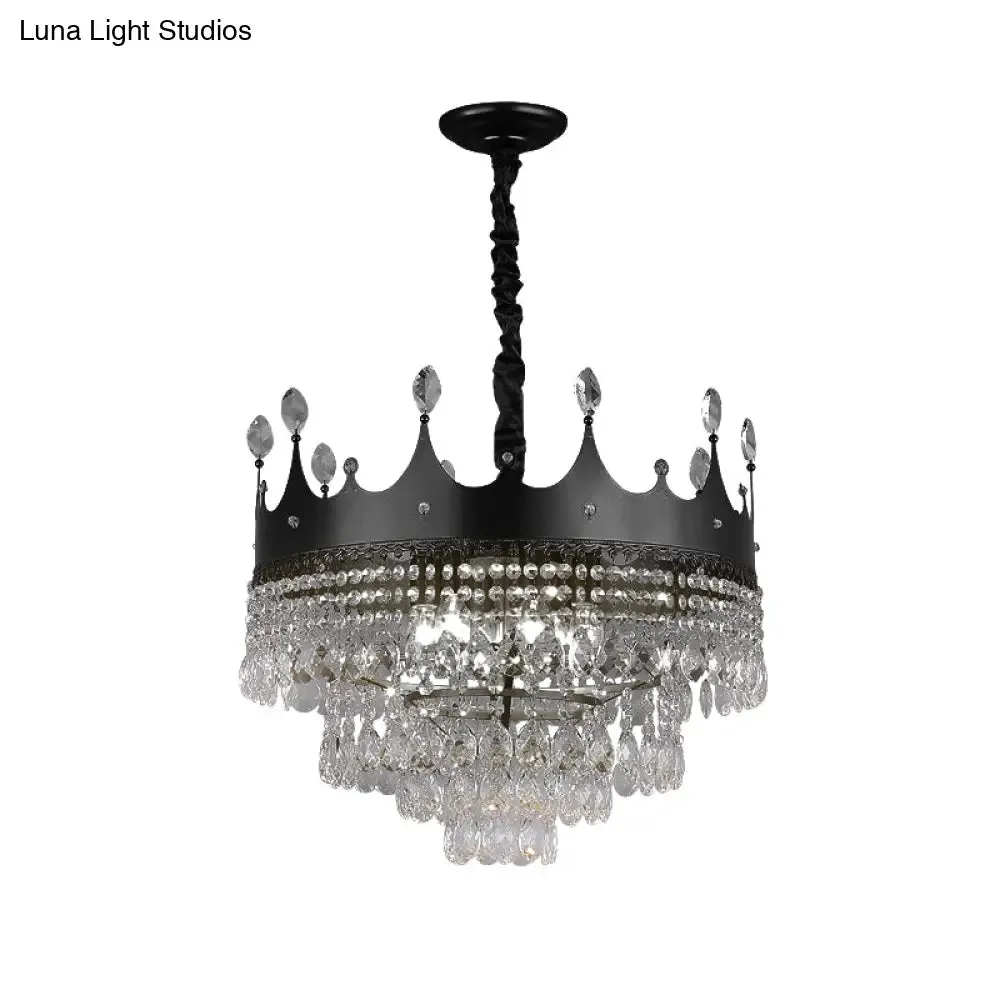Kids' Black Metal Crown Chandelier Lighting with Crystal Drop Decor - 4/5/6 Lights, Ideal for Dining Table