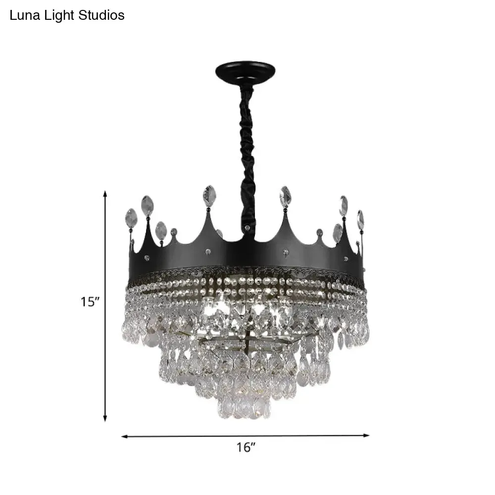 Kids' Black Metal Crown Chandelier Lighting with Crystal Drop Decor - 4/5/6 Lights, Ideal for Dining Table