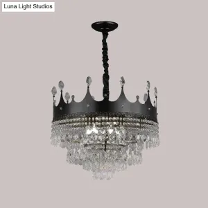 Kids' Black Metal Crown Chandelier Lighting with Crystal Drop Decor - 4/5/6 Lights, Ideal for Dining Table