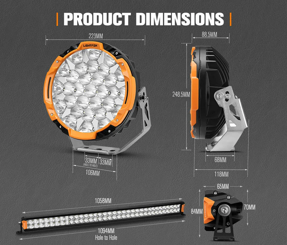 Lightfox 9 inch Osram LED Driving Lights   40 inch Dual Row LED Light Bar   Wiring Kit
