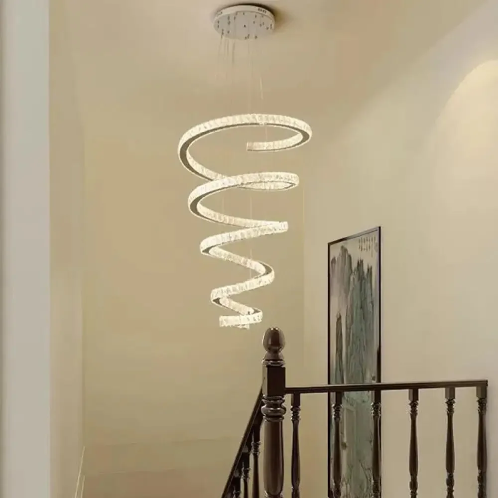 Minimal Clear Crystal LED Pendant Light Kit for Living Room - Spiral Chandelier Lamp