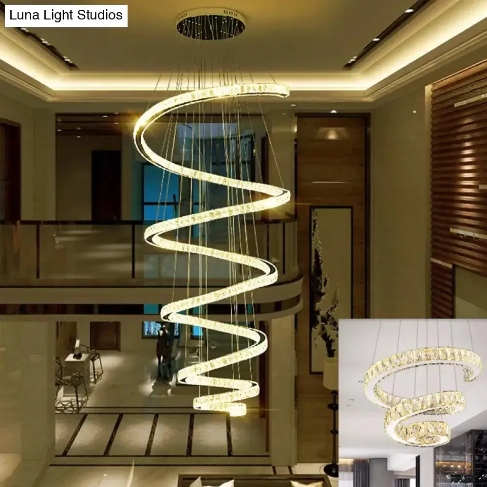Minimal Clear Crystal LED Pendant Light Kit for Living Room - Spiral Chandelier Lamp