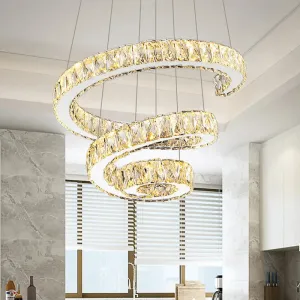 Minimal Clear Crystal LED Pendant Light Kit for Living Room - Spiral Chandelier Lamp