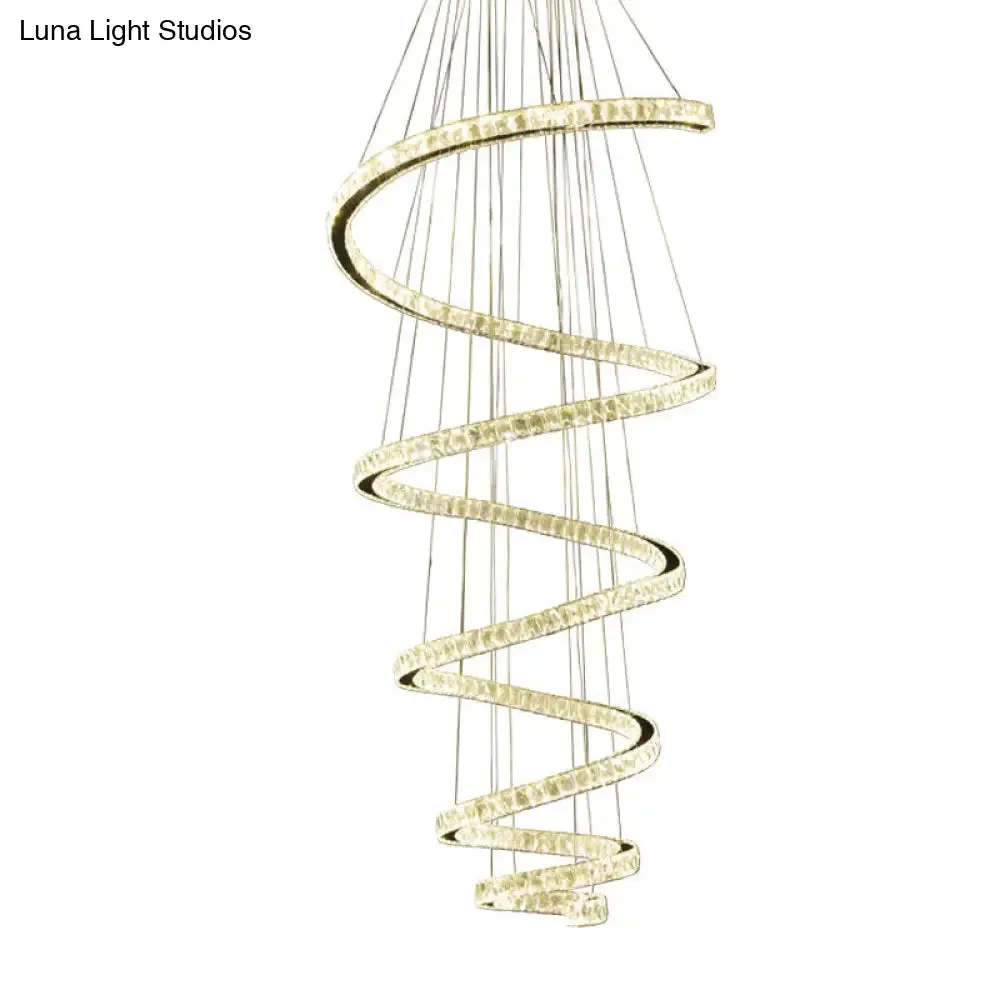 Minimal Clear Crystal LED Pendant Light Kit for Living Room - Spiral Chandelier Lamp
