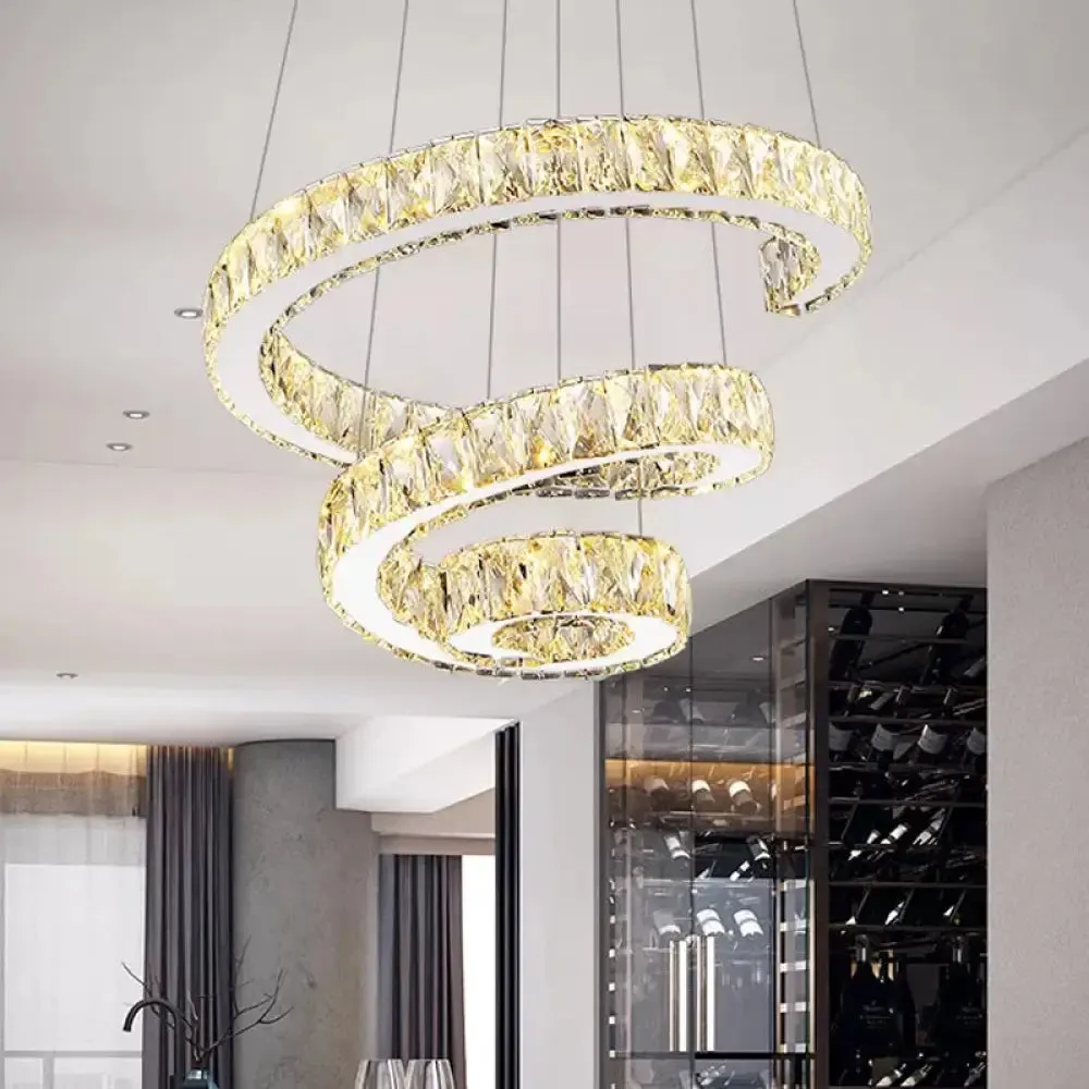 Minimal Clear Crystal LED Pendant Light Kit for Living Room - Spiral Chandelier Lamp