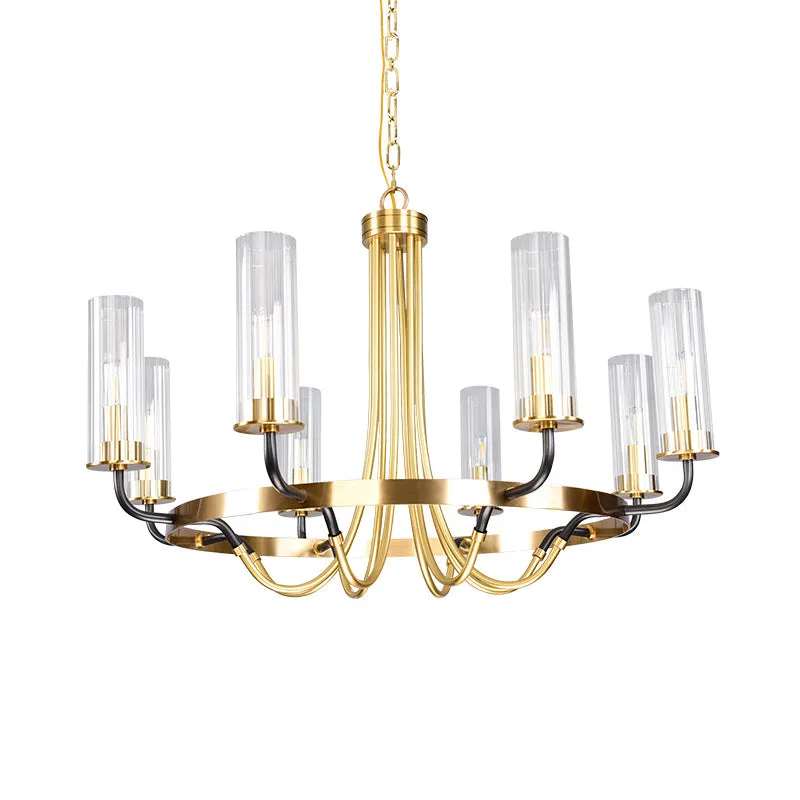 Minimalist Gold Chandelier Pendant Lamp - Tube Clear Glass, 8 Bulbs, Ring Design