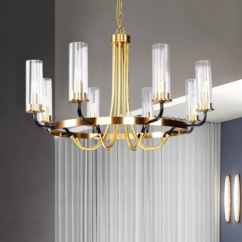 Minimalist Gold Chandelier Pendant Lamp - Tube Clear Glass, 8 Bulbs, Ring Design