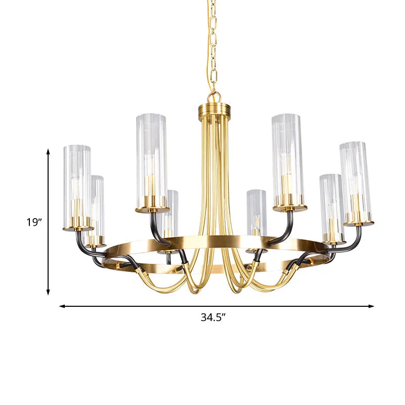 Minimalist Gold Chandelier Pendant Lamp - Tube Clear Glass, 8 Bulbs, Ring Design