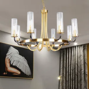 Minimalist Gold Chandelier Pendant Lamp - Tube Clear Glass, 8 Bulbs, Ring Design
