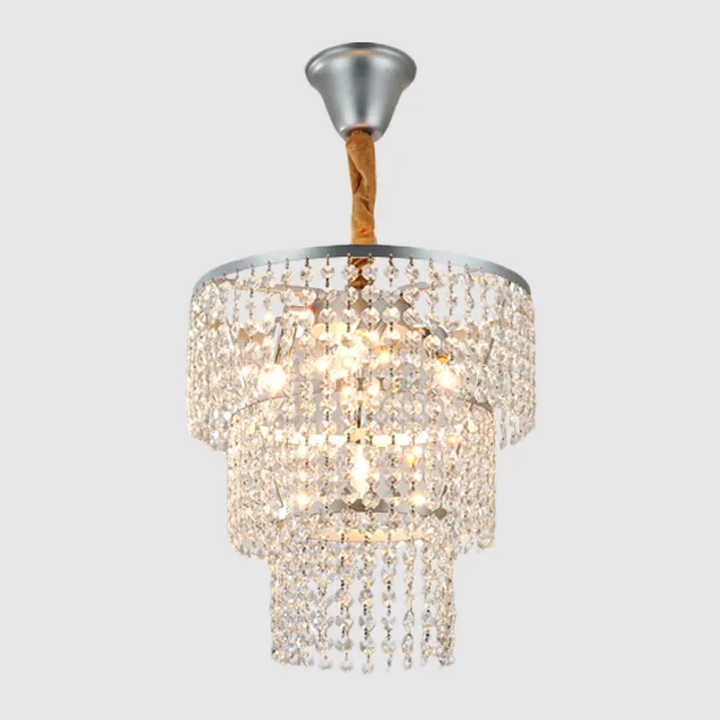 Modern 4-Light Bedroom Suspension Chandelier - Silver Finish with 3-Tier Crystal Strand Shade