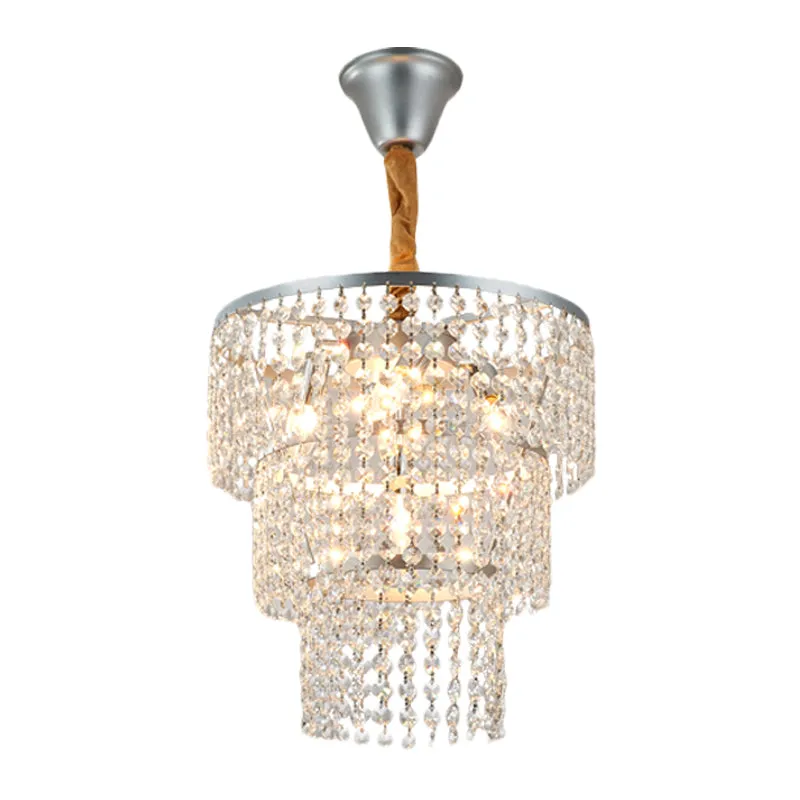Modern 4-Light Bedroom Suspension Chandelier - Silver Finish with 3-Tier Crystal Strand Shade
