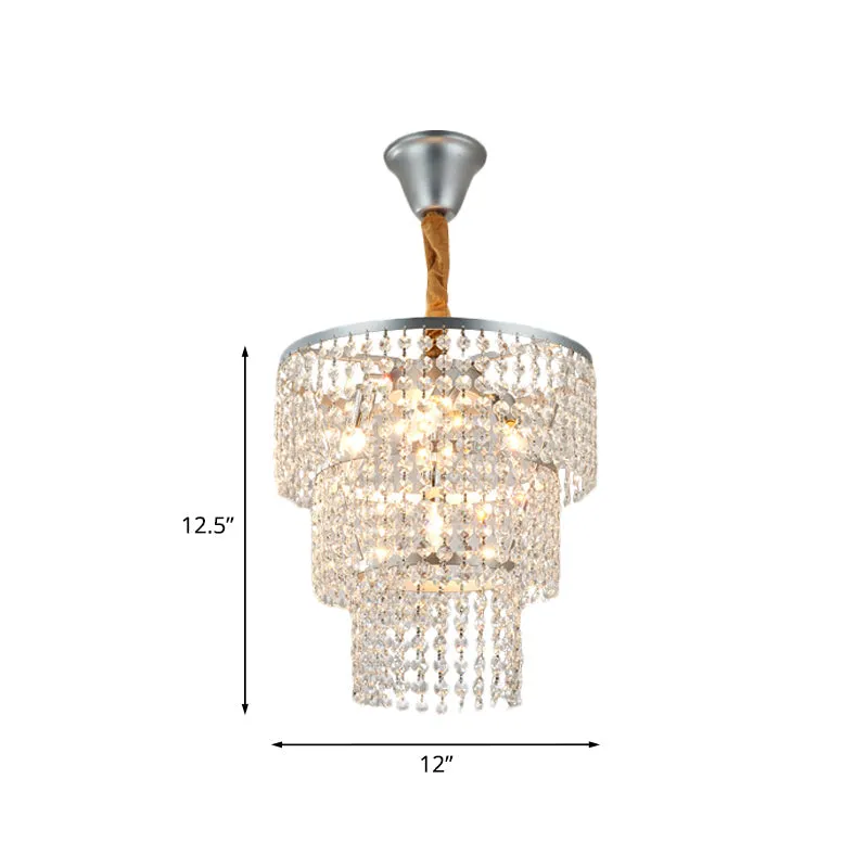 Modern 4-Light Bedroom Suspension Chandelier - Silver Finish with 3-Tier Crystal Strand Shade