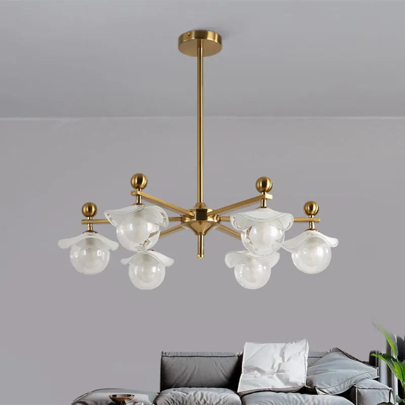 Modern 6-Head Gold Radial LED Chandelier with Clear Glass Globe Pendant