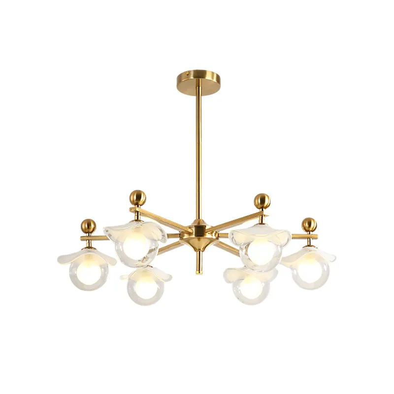 Modern 6-Head Gold Radial LED Chandelier with Clear Glass Globe Pendant
