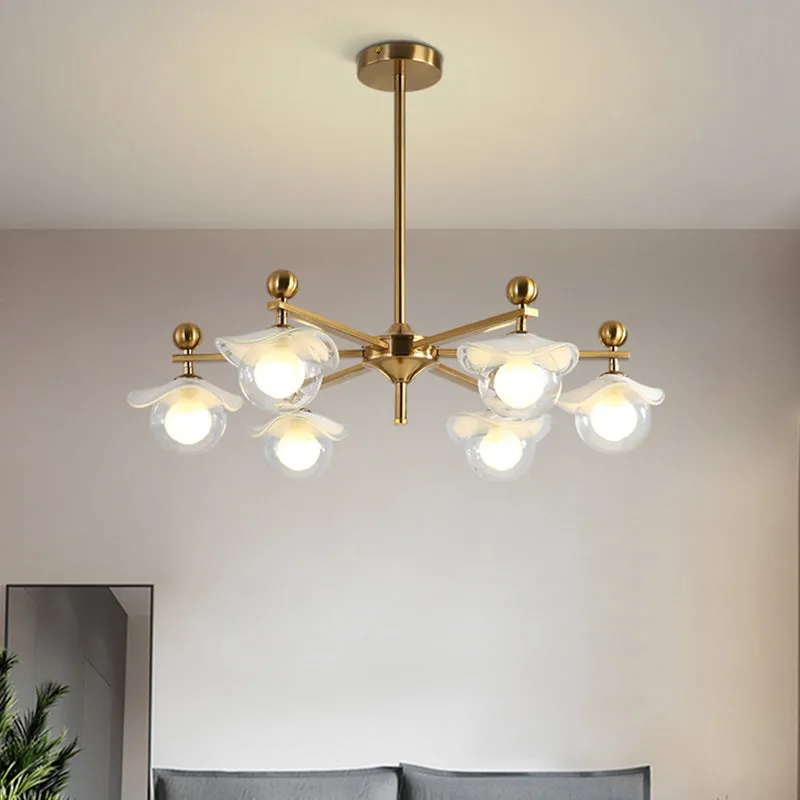 Modern 6-Head Gold Radial LED Chandelier with Clear Glass Globe Pendant