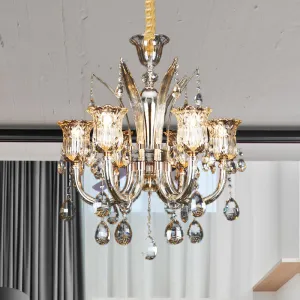 Modern Amber Chandelier Light with Floral Glass Shade - 6/8 Bulbs, 23.5"/27.5" W