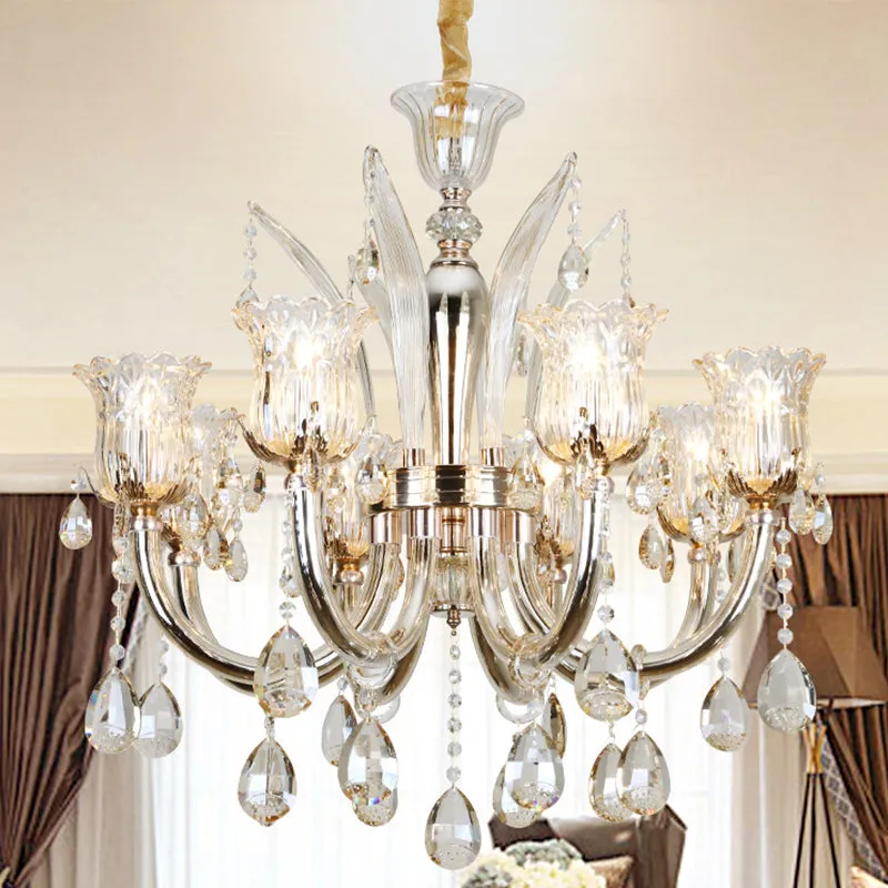 Modern Amber Chandelier Light with Floral Glass Shade - 6/8 Bulbs, 23.5"/27.5" W