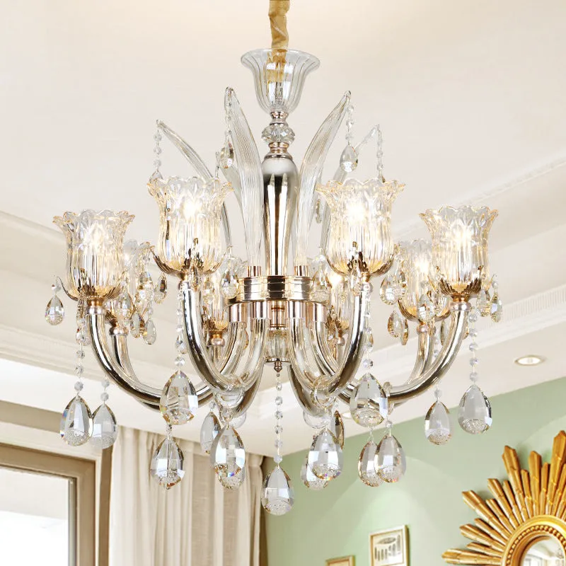 Modern Amber Chandelier Light with Floral Glass Shade - 6/8 Bulbs, 23.5"/27.5" W