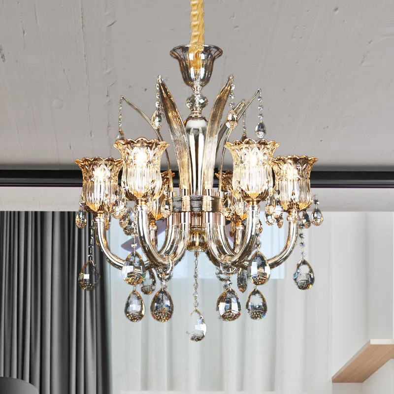 Modern Amber Chandelier Light with Floral Glass Shade - 6/8 Bulbs, 23.5"/27.5" W