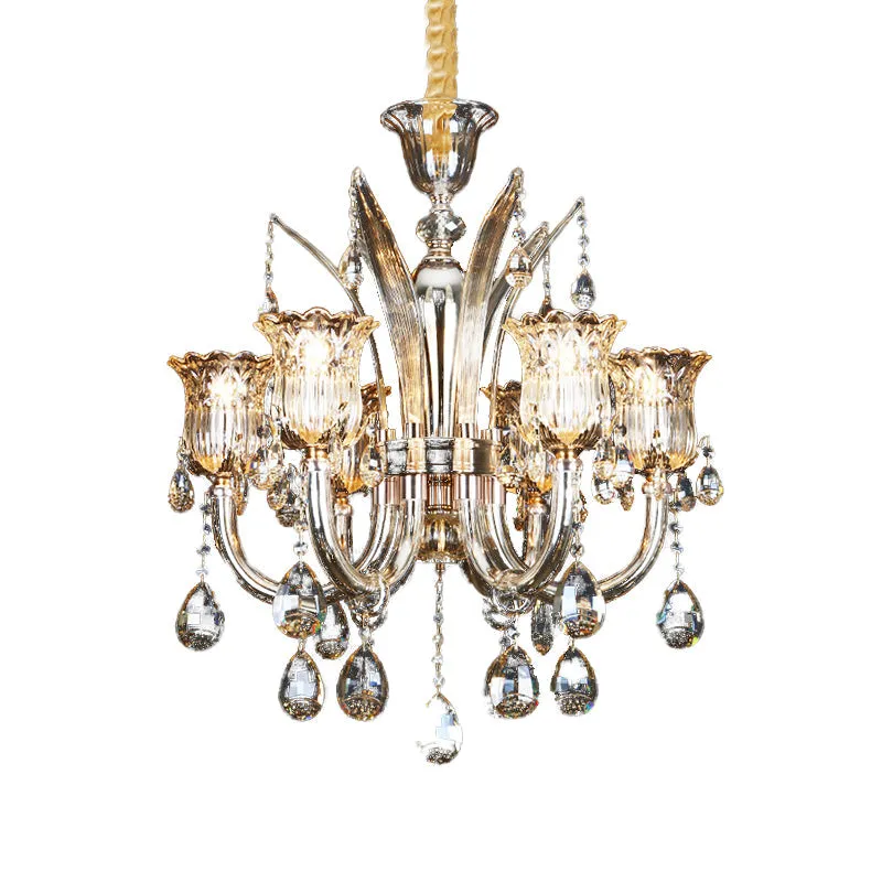 Modern Amber Chandelier Light with Floral Glass Shade - 6/8 Bulbs, 23.5"/27.5" W