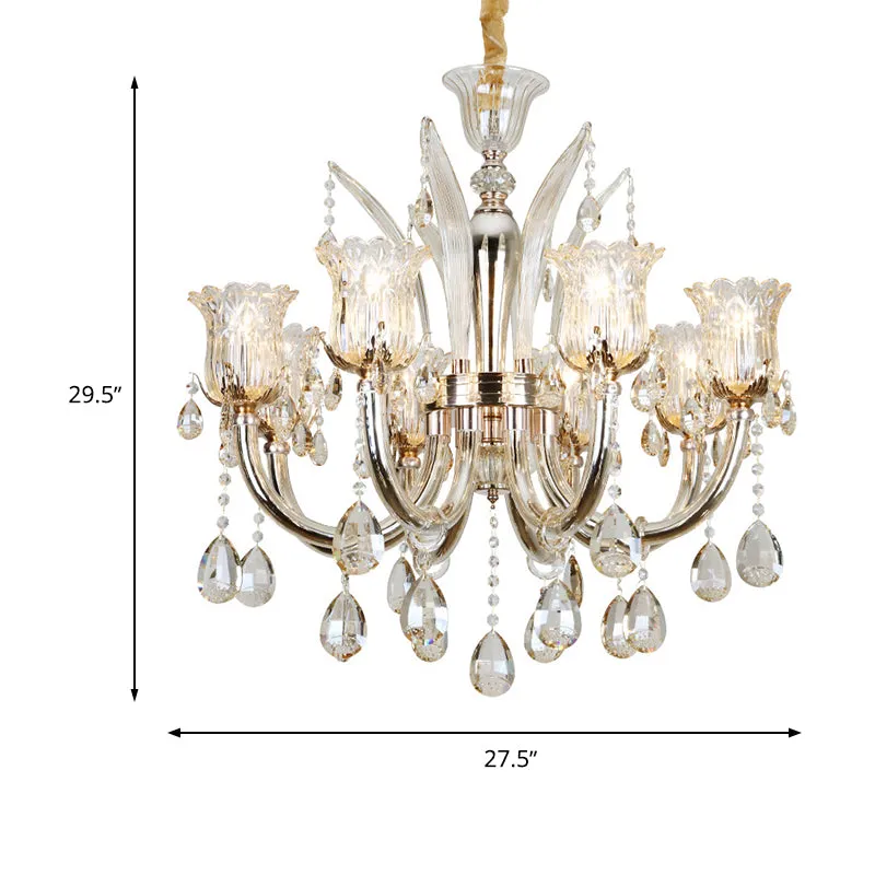 Modern Amber Chandelier Light with Floral Glass Shade - 6/8 Bulbs, 23.5"/27.5" W