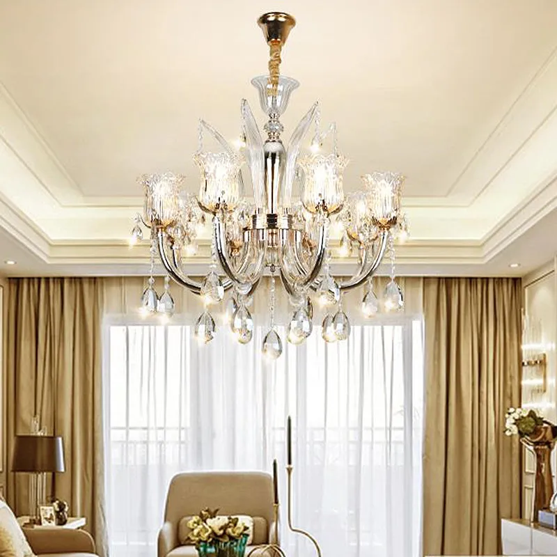Modern Amber Chandelier Light with Floral Glass Shade - 6/8 Bulbs, 23.5"/27.5" W