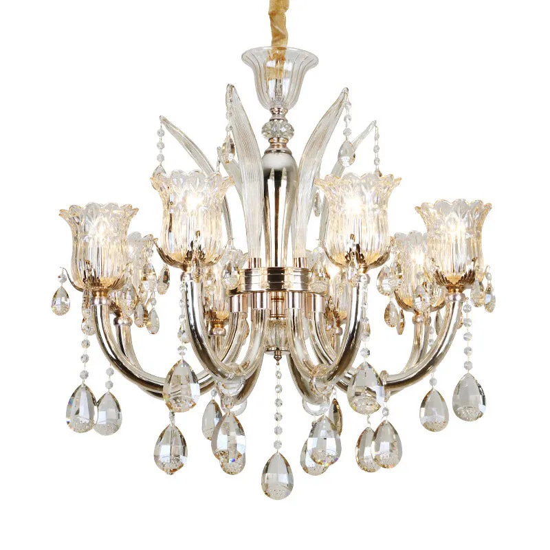 Modern Amber Chandelier Light with Floral Glass Shade - 6/8 Bulbs, 23.5"/27.5" W