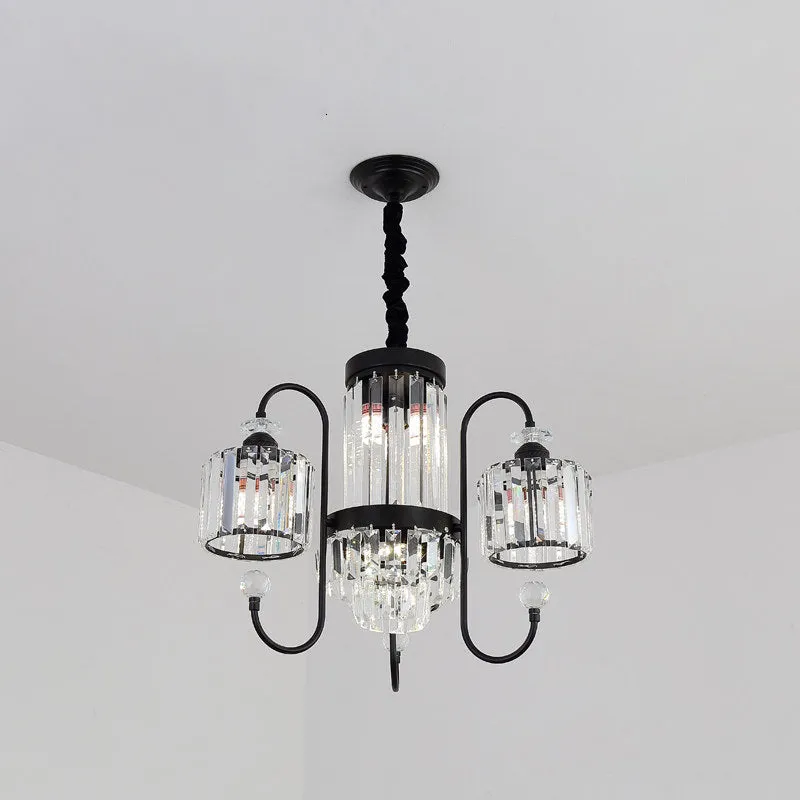 Modern Black Crystal Chandelier - 5/8 Cylindrical Heads with Gooseneck Arm